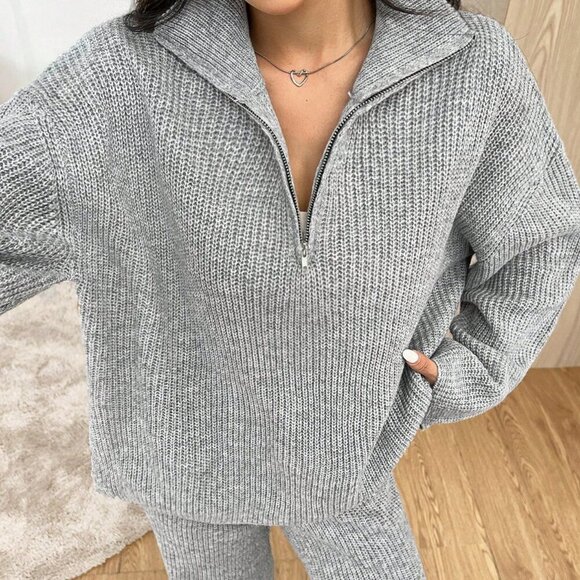 Grey Casual Zipper Half Placket Dropped Shoulder Long Sleeve Sweater & Pant set - Picture 5 of 5